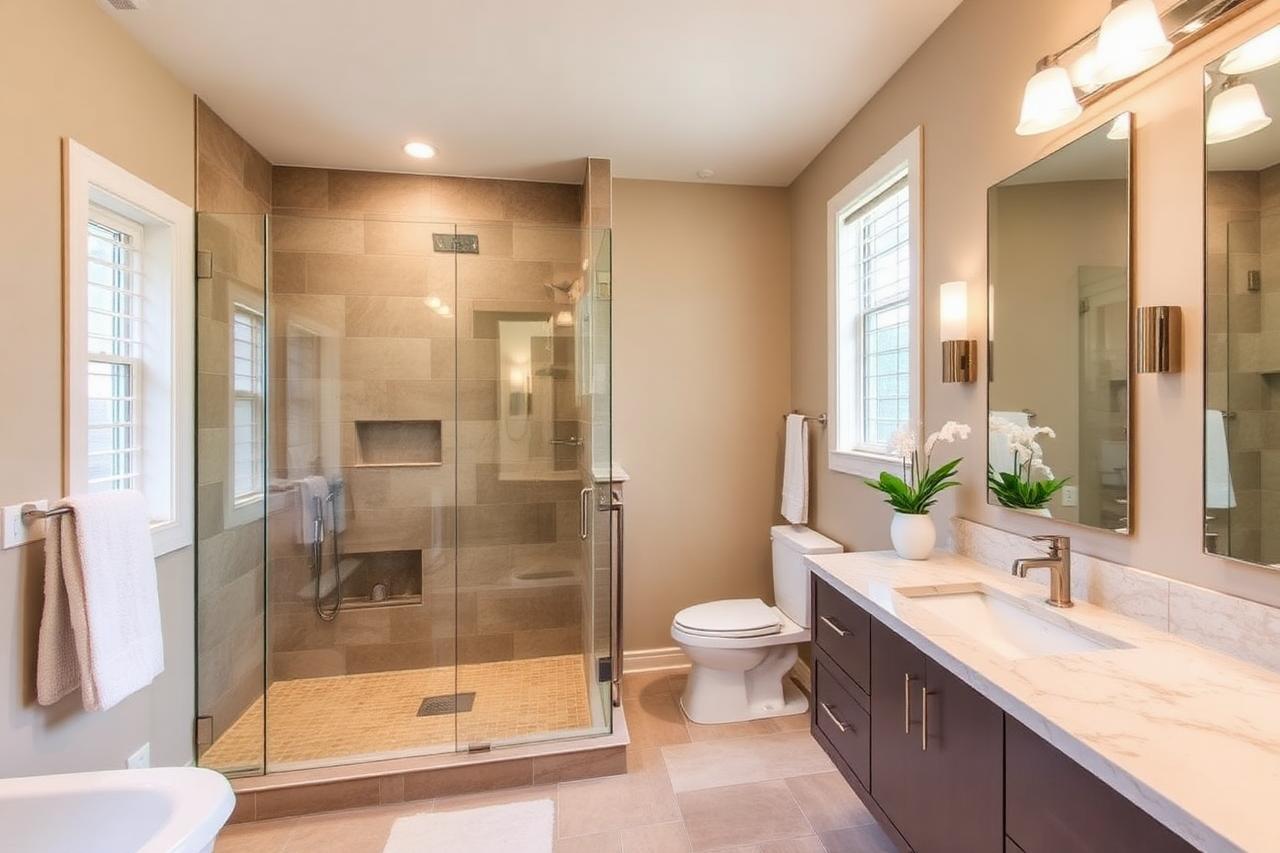 Mesa bathroom remodel with frameless glass walk-in shower, tiled walls and modern double vanity by a licensed AZ remodeler