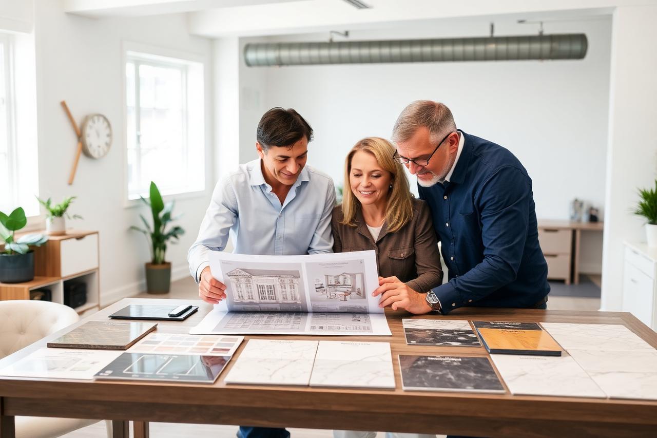 Mesa remodeling contractor reviewing 3D renderings and tile selections with homeowners during design-build planning