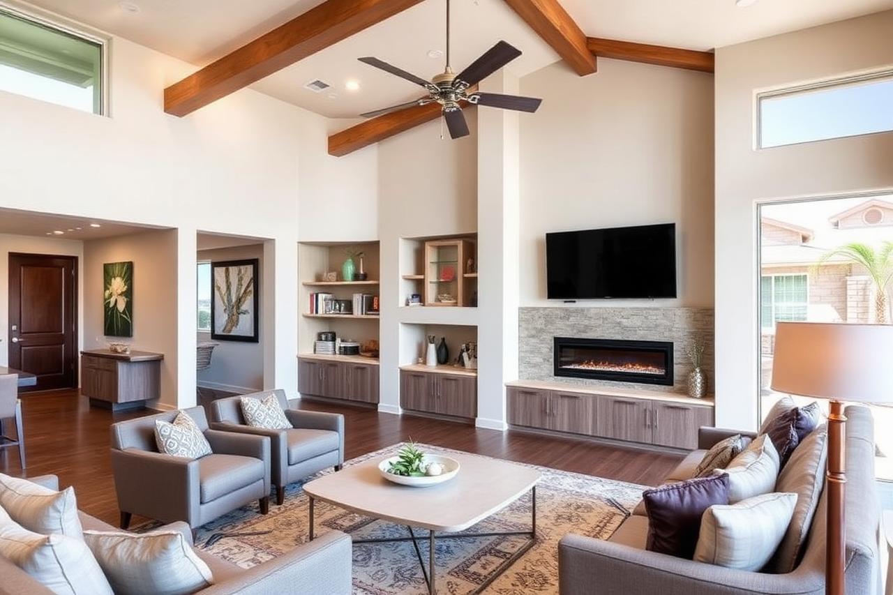 Whole home interior renovation in Mesa Arizona with custom entertainment wall built-ins and linear fireplace